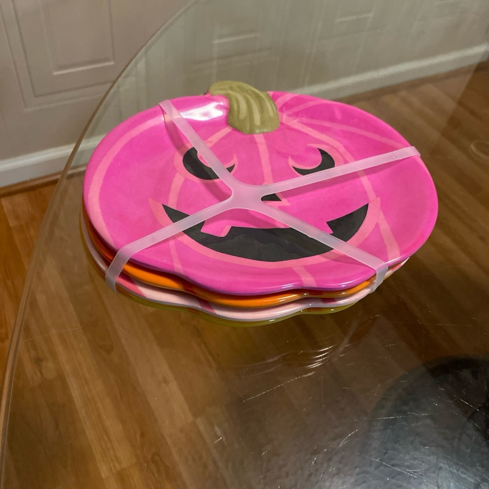 3th & Elm Halloween Jack-O-Lantern MELAMINE Appetizer / Dessert Plates Set 4 8”